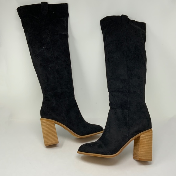 Vici Shoes - NEW Vici Saint Slouch Faux Fegan Suede Stacked Heel Knee High Boots Shoes Black
